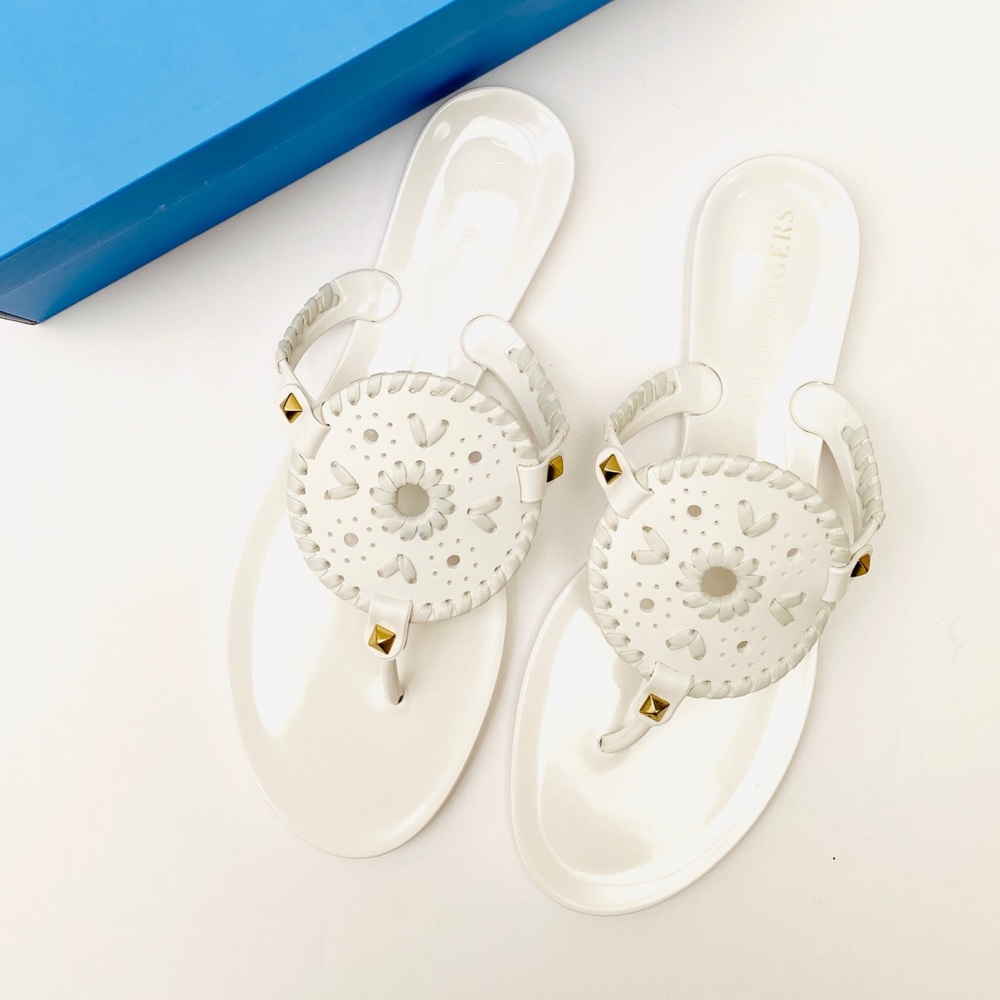 Jack Rogers White Leather Thong Sandal with Gold Studs - Picture 10 of 10